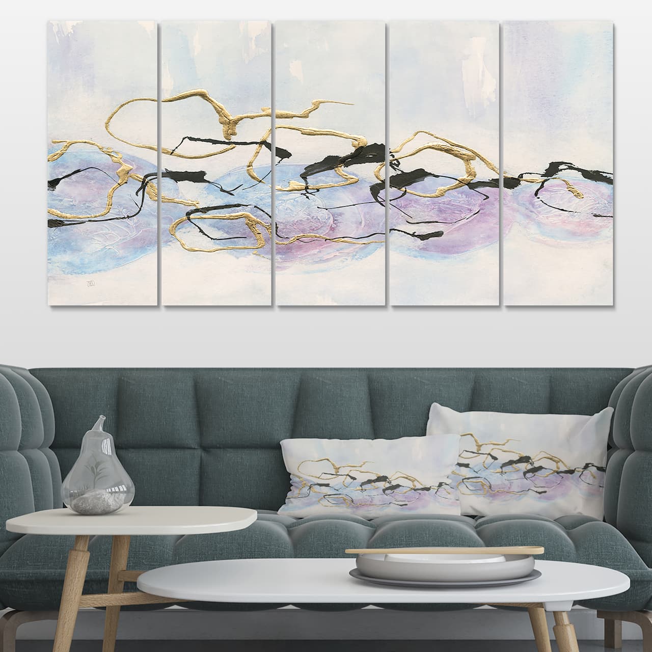 Designart - Gold Lines on Pastel I - Modern Glam Gallery-wrapped Canvas